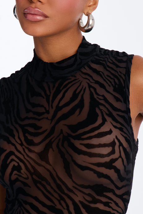 Fera Animal Flocked Mock Neck Sleeveless Bodysuit - Black