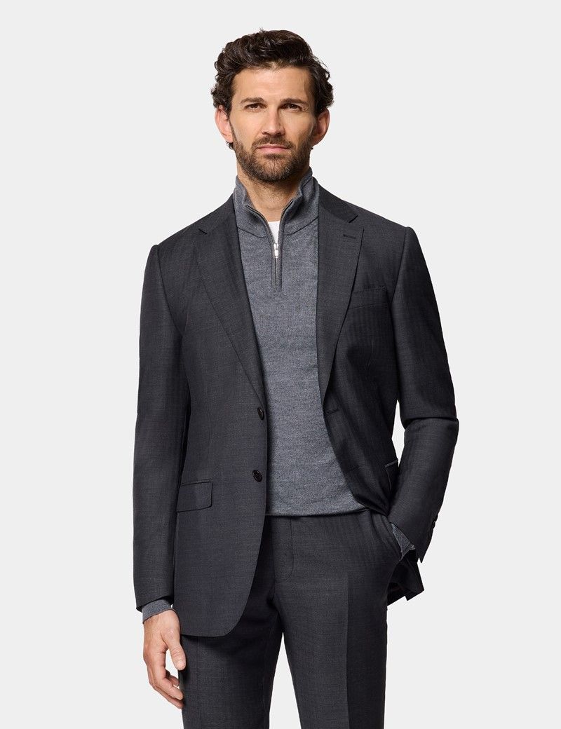 Slim Fit Charcoal Herringbone Suit Jacket
