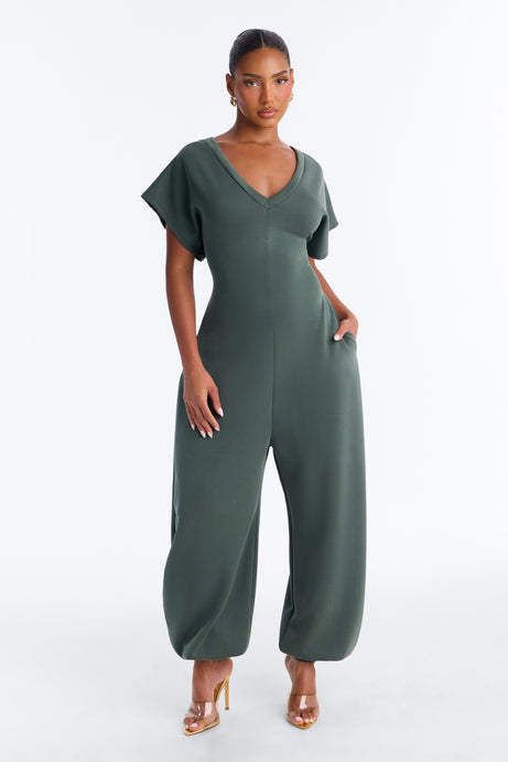 Let's Relax Barrel Wide Leg Jumpsuit - Olive