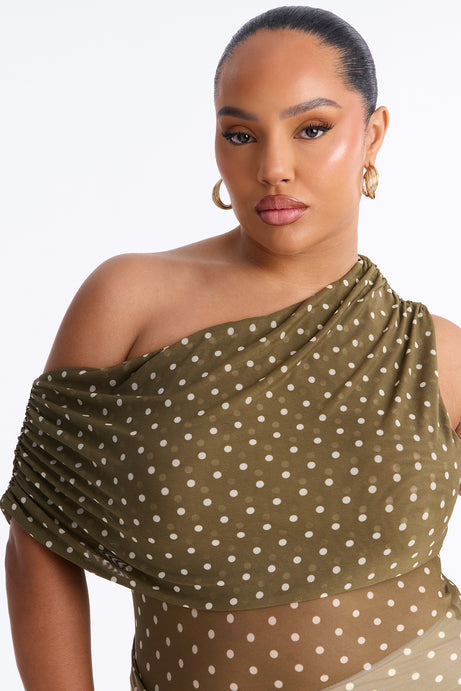 Kylie Polka Dot Off Shoulder Mesh Top