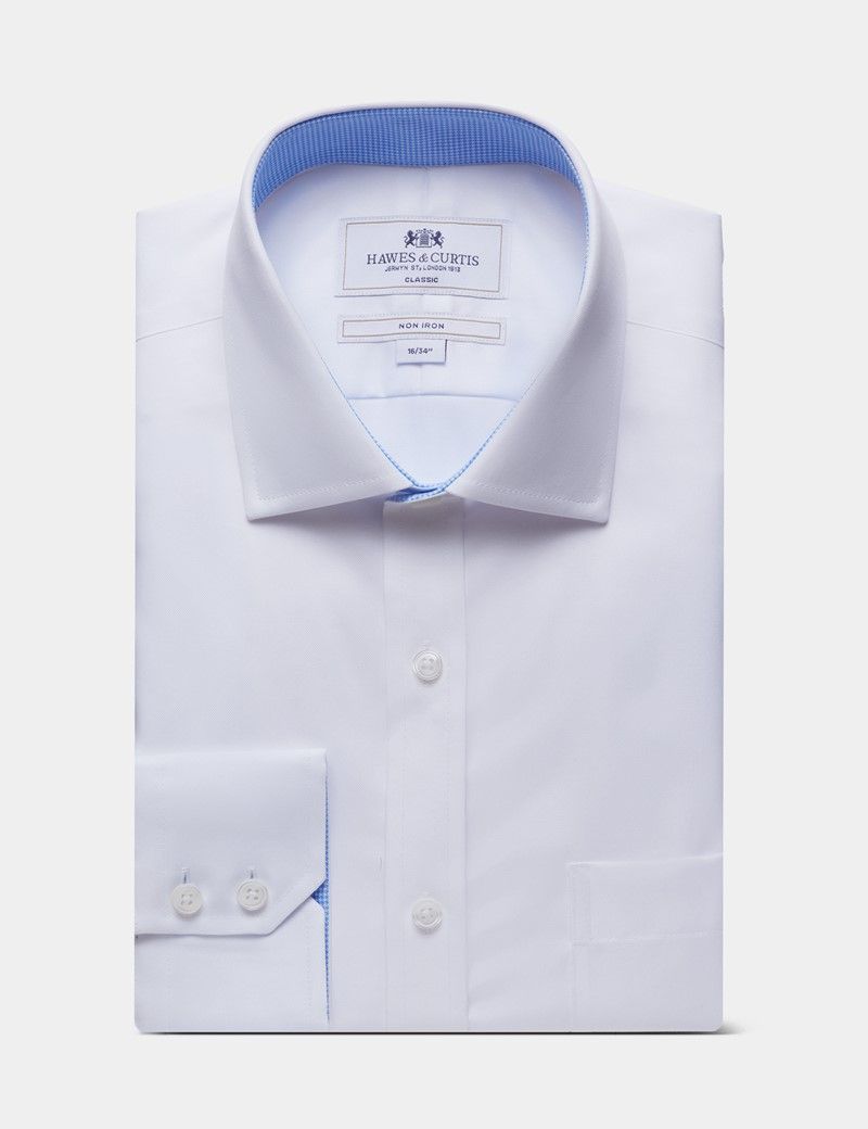 Classic Fit White Twill Non-Iron Shirt - Contrast Detail - Chest Pocket