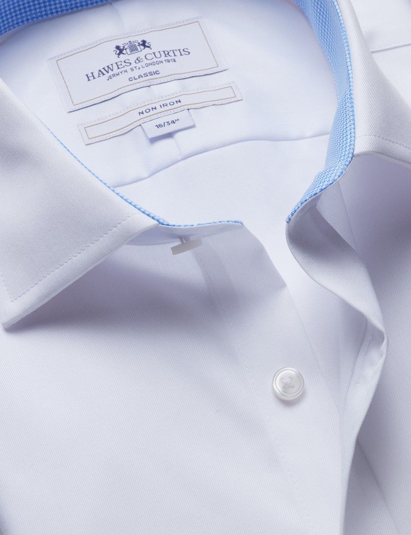 Classic Fit White Twill Non-Iron Shirt - Contrast Detail - Chest Pocket