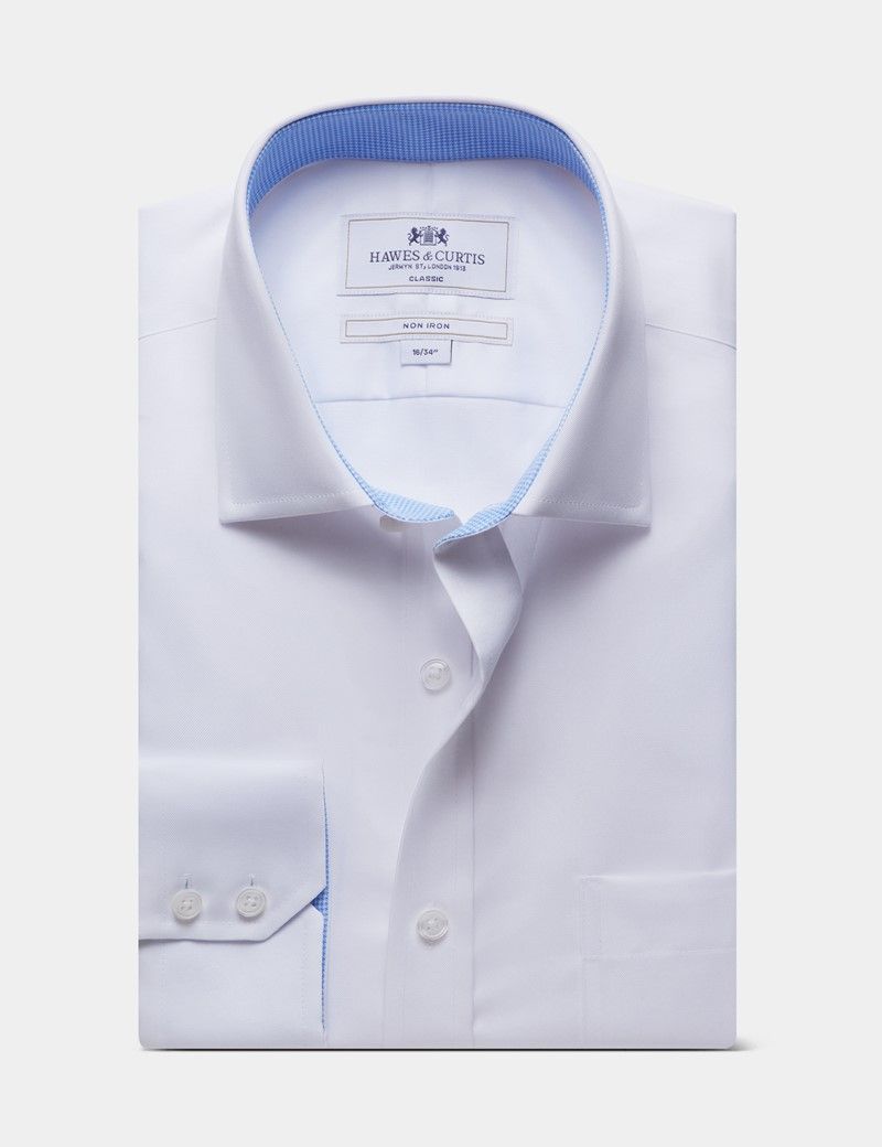 Classic Fit White Twill Non-Iron Shirt - Contrast Detail - Chest Pocket