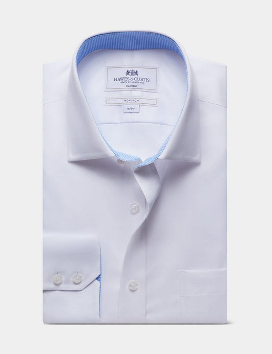 Classic Fit White Twill Non-Iron Shirt - Contrast Detail - Chest Pocket