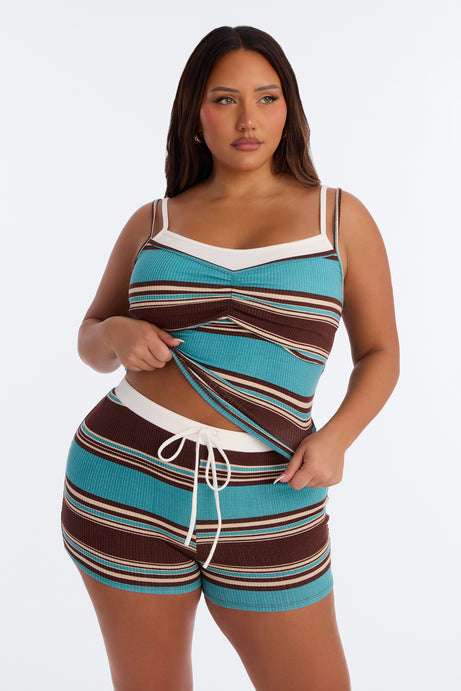 Casey Striped Ribbed Short Set - Teal/combo