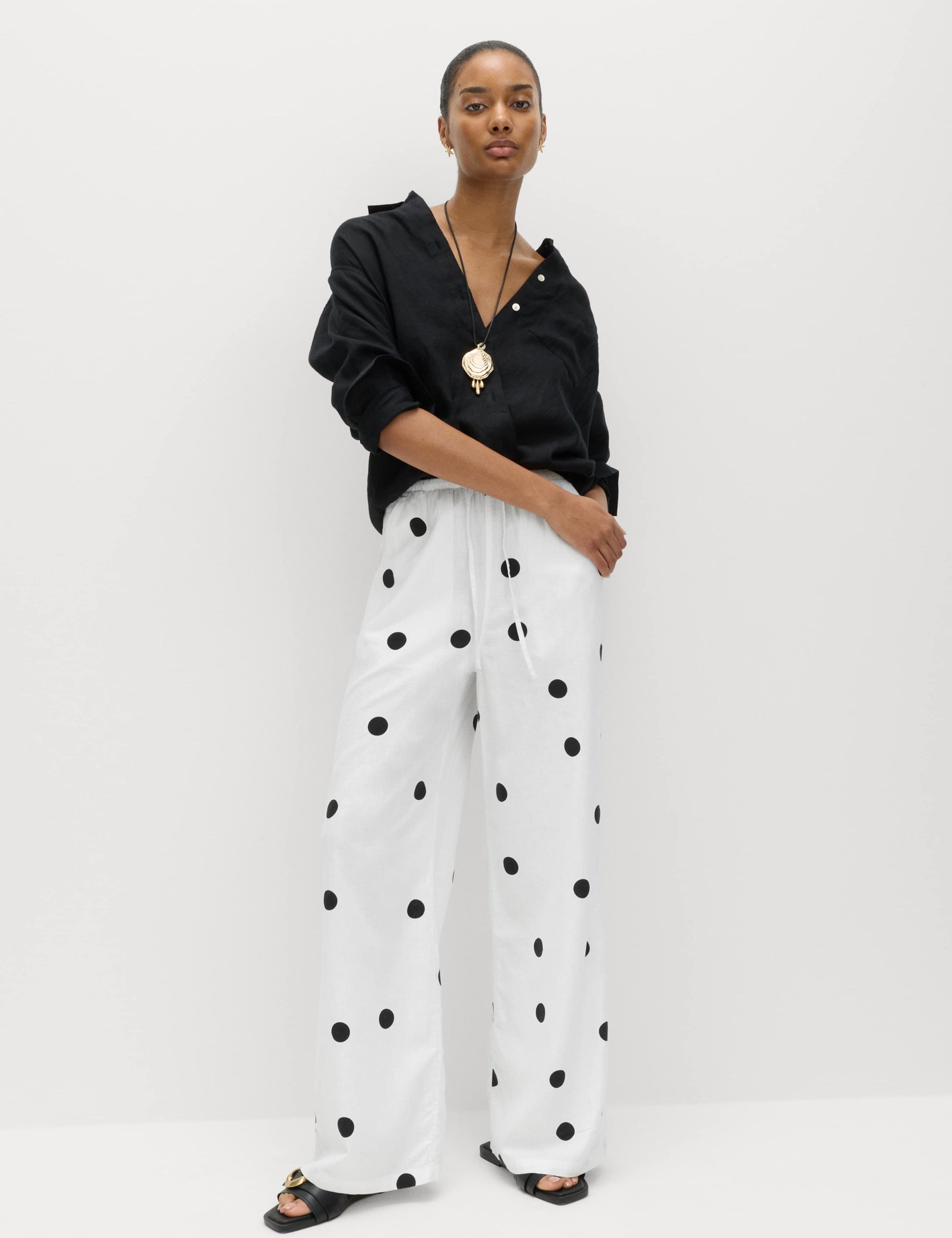 Linen Rich Drawstring Wide Leg Trousers
