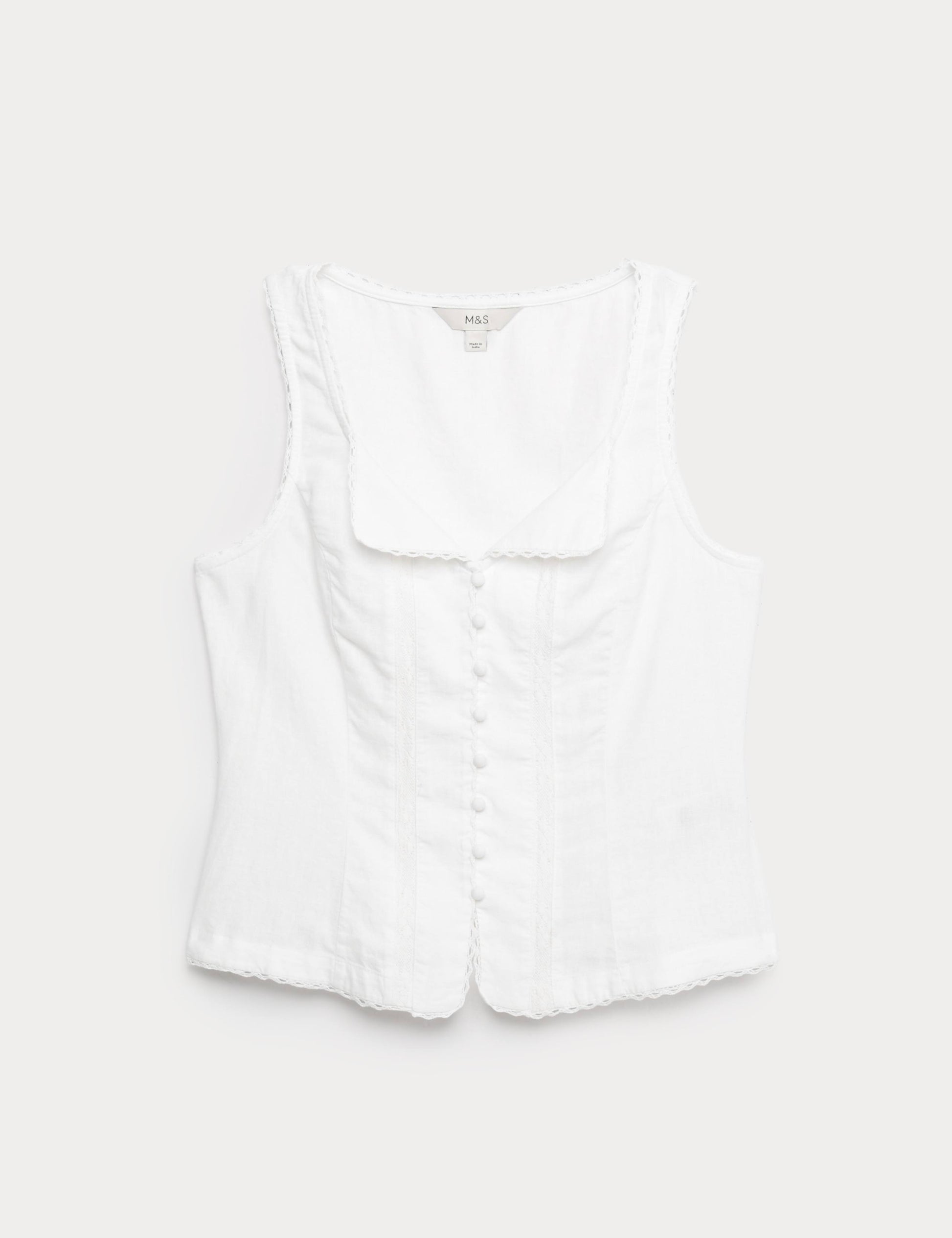 Linen Rich Lace Insert Button Detail Blouse