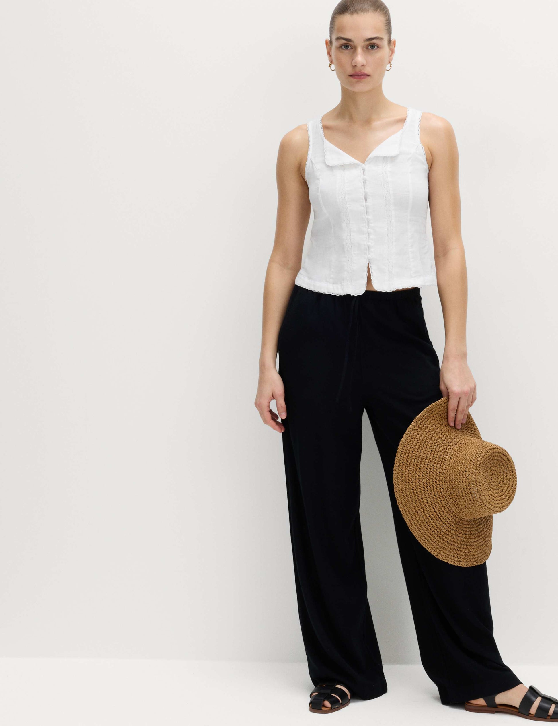 Linen Rich Lace Insert Button Detail Blouse