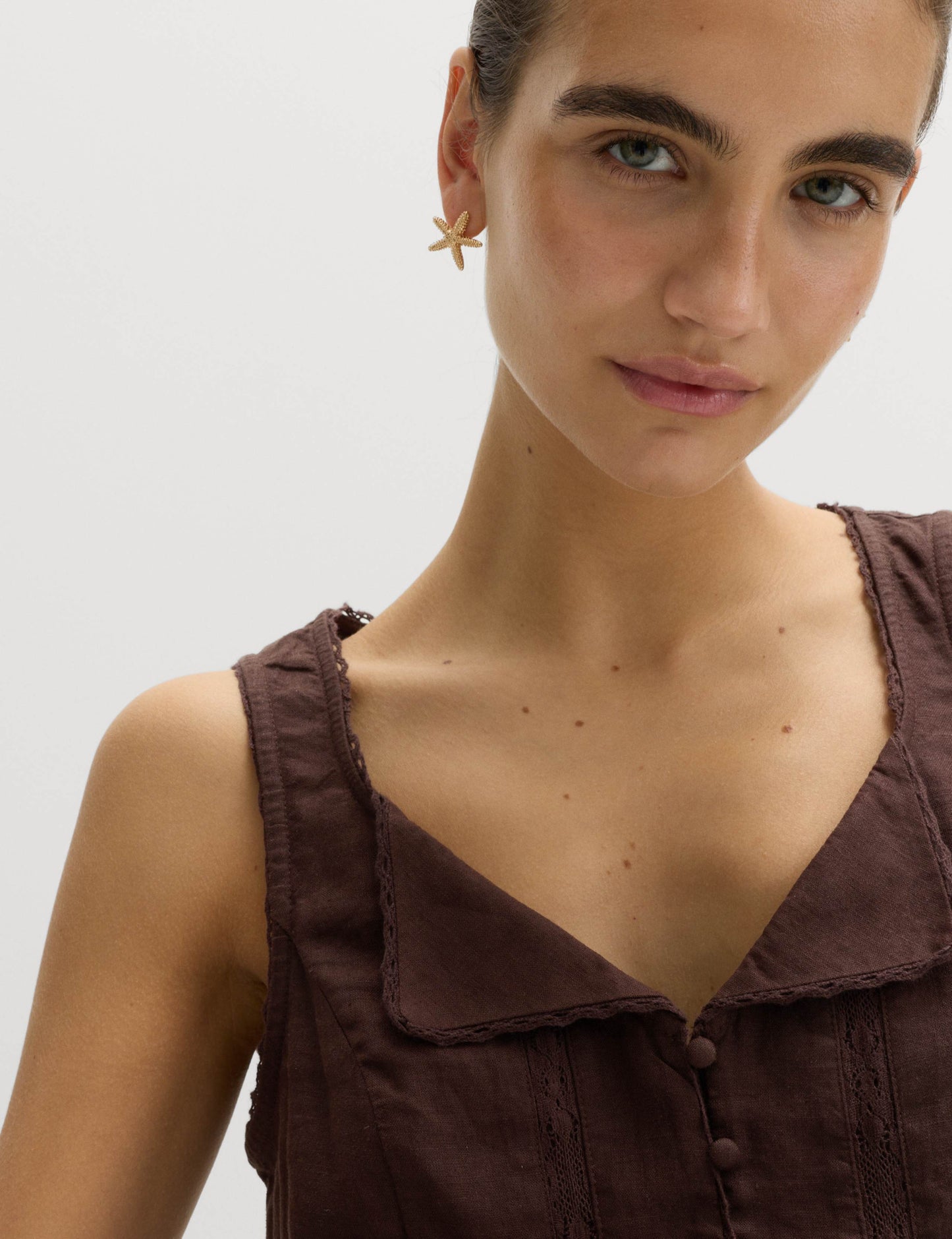 Linen Rich Lace Insert Button Detail Blouse