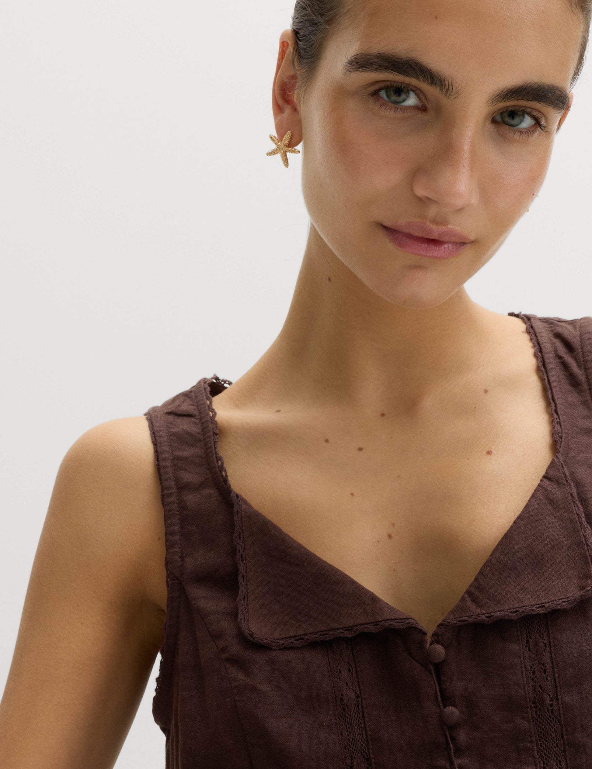 Linen Rich Lace Insert Button Detail Blouse