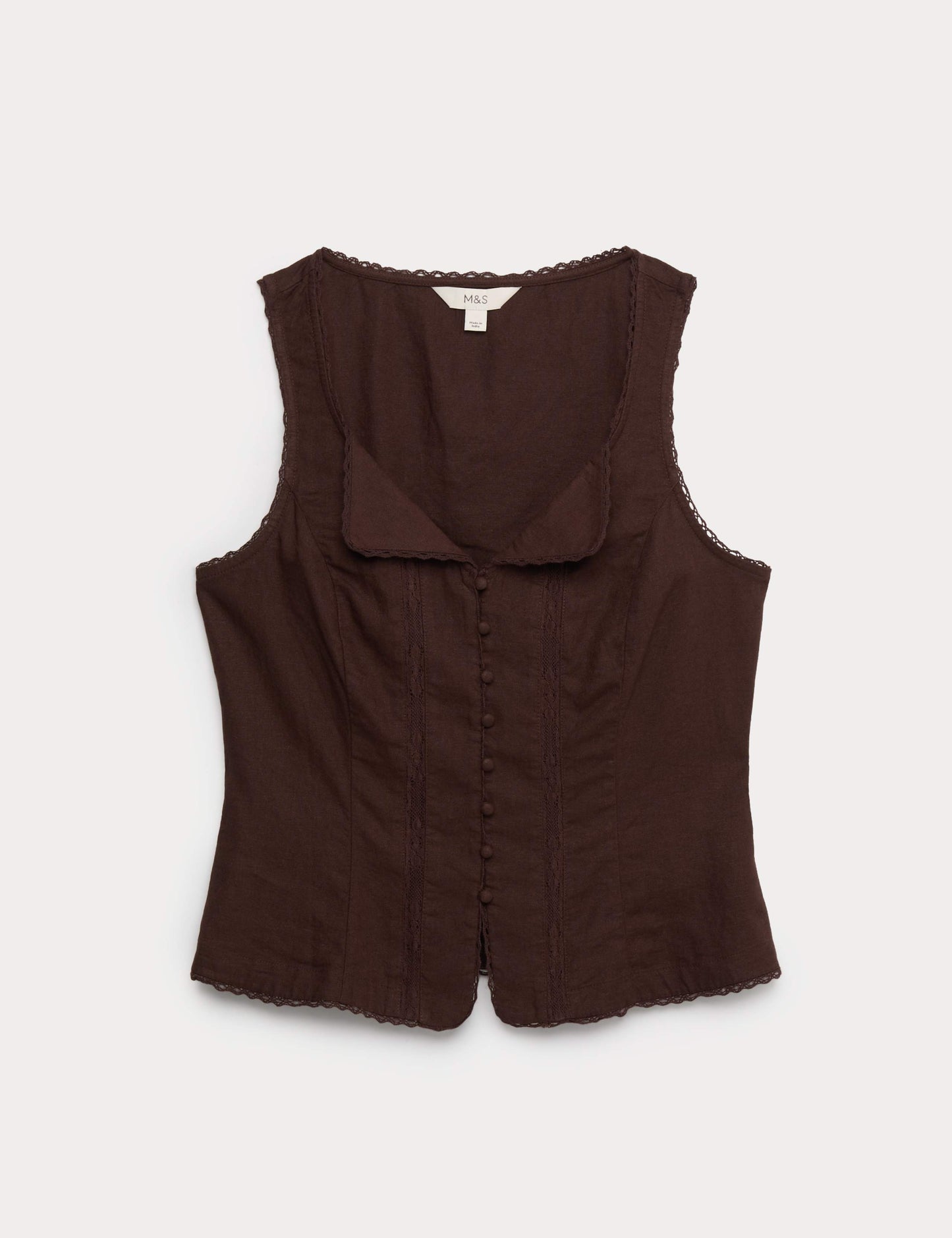 Linen Rich Lace Insert Button Detail Blouse