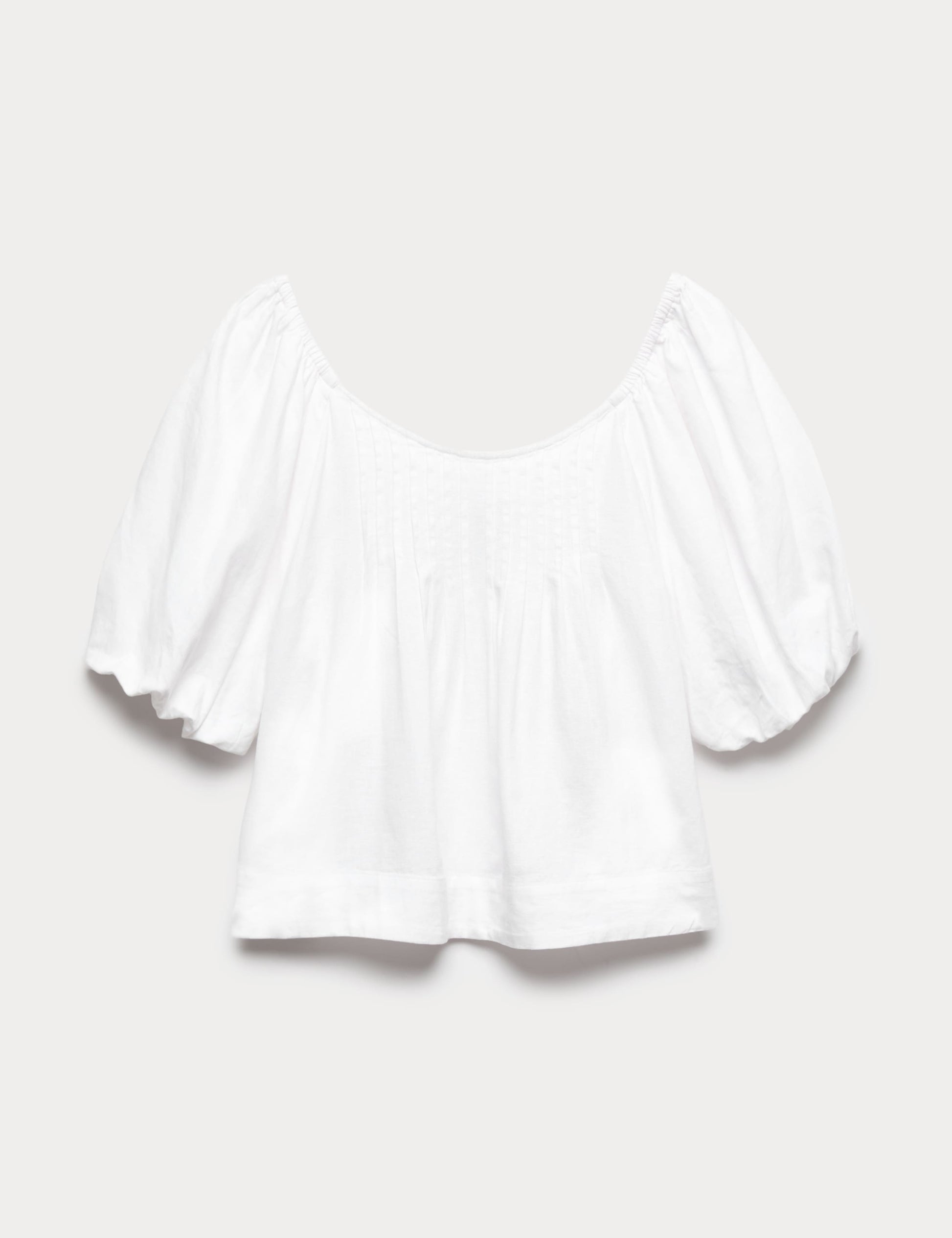 Linen Rich Pleated Puff Sleeve Top