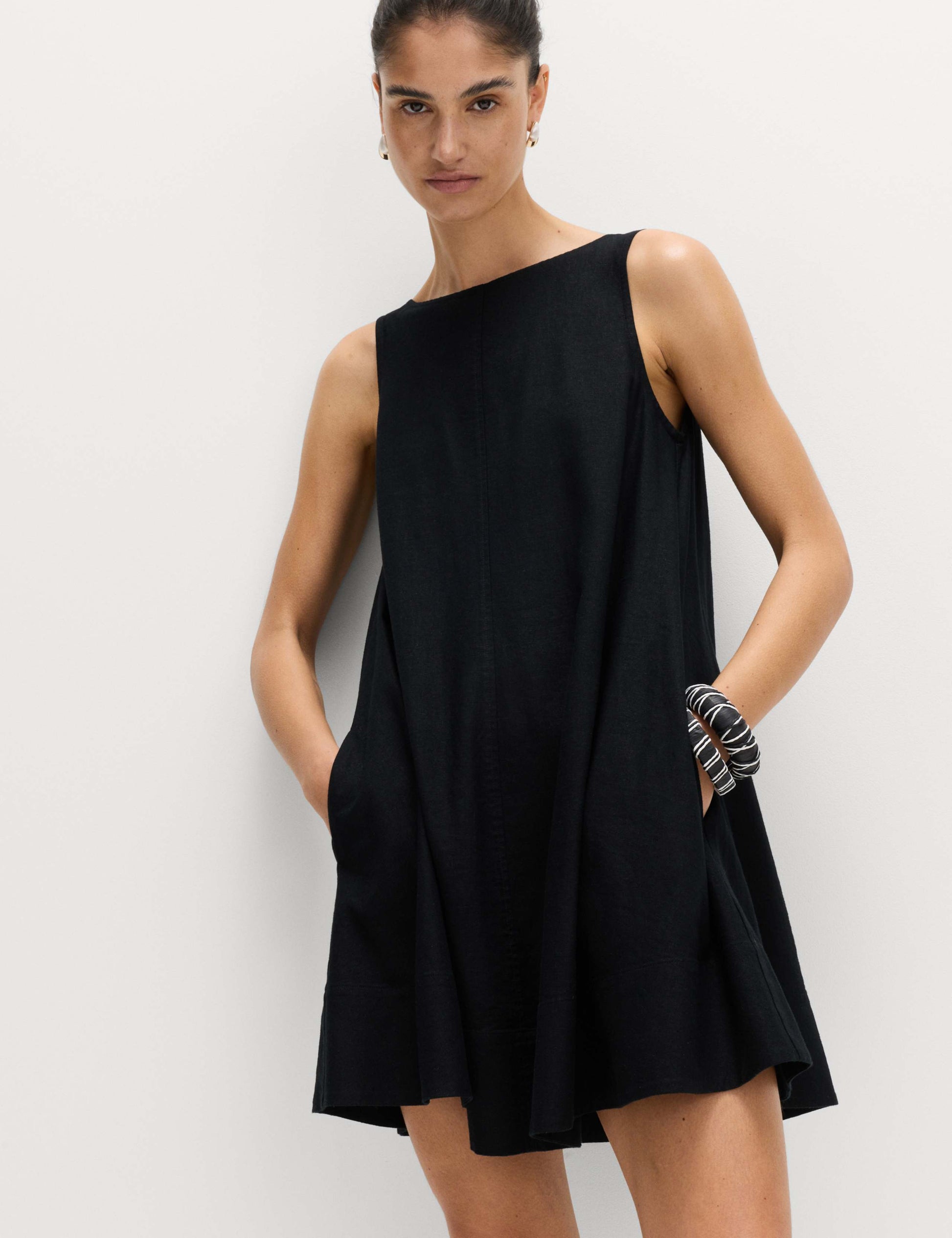 Linen Rich Scoop Neck Mini Swing Dress