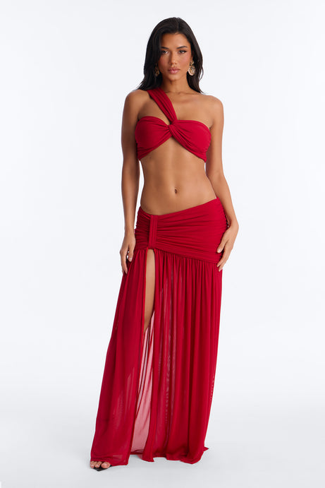 Camille Mesh One Shoulder Maxi Skirt Set - Red