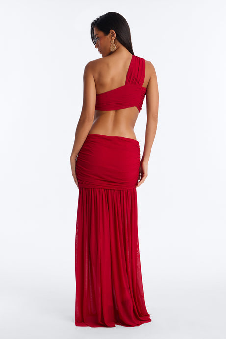 Camille Mesh One Shoulder Maxi Skirt Set - Red