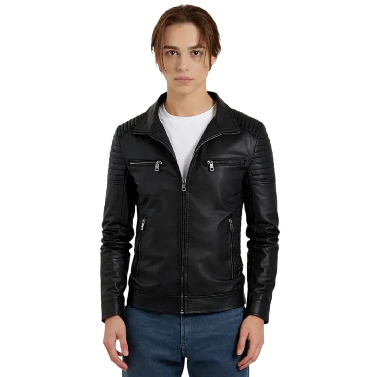 Men’s Black Shoulder Stripe Leather Biker Jacket-0