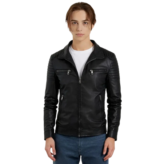 Men’s Black Shoulder Stripe Leather Biker Jacket-0
