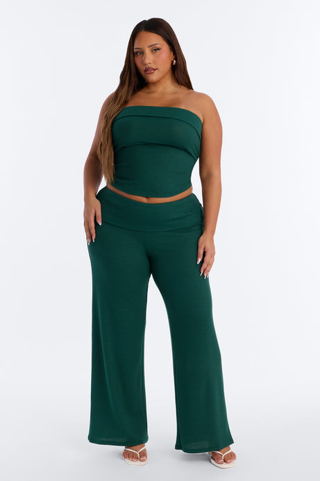 Megan Waffle Knit Foldover Waist Pant Set - Hunter Green