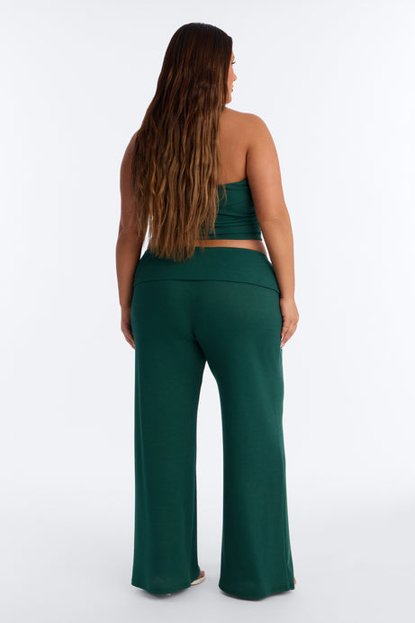 Megan Waffle Knit Foldover Waist Pant Set - Hunter Green