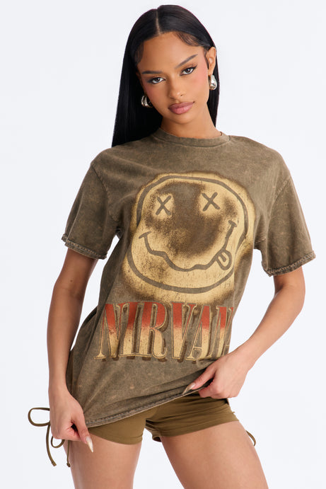 Nirvana Smiley Face Washed Tee - Dark Brown