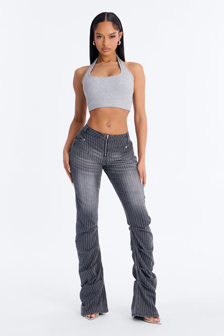 Speakeasy Striped Stacked Low Rise Flare Jeans - Grey