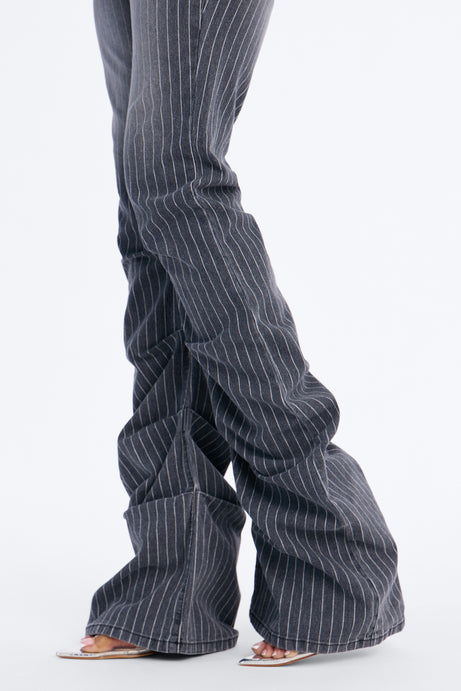 Speakeasy Striped Stacked Low Rise Flare Jeans - Grey