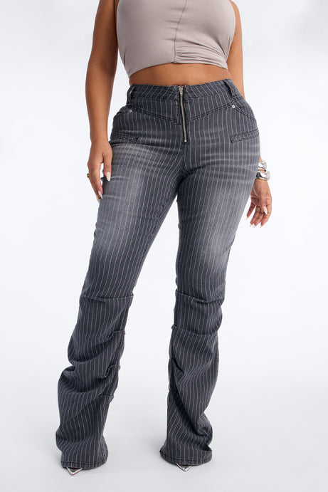 Speakeasy Striped Stacked Low Rise Flare Jeans - Grey