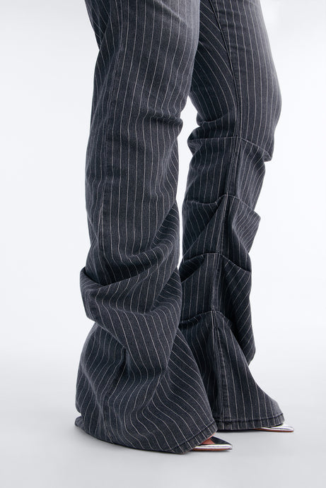 Speakeasy Striped Stacked Low Rise Flare Jeans - Grey