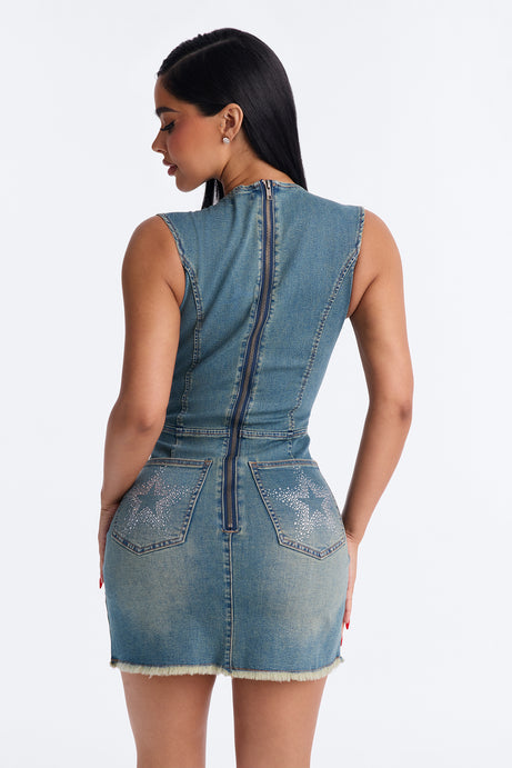 Lucky Star Rhinestone Star Denim Mini Dress