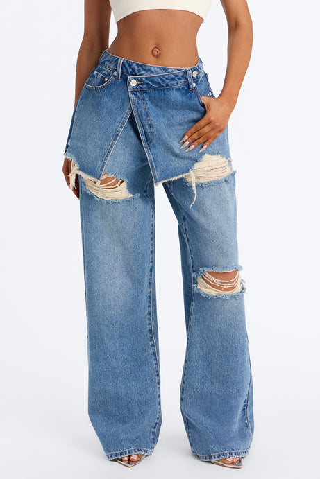 Mirage Studded Embellished Ripped Crossover Skirt Jeans - Vintage Wash