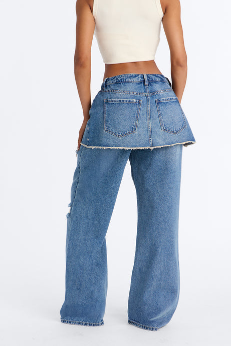 Mirage Studded Embellished Ripped Crossover Skirt Jeans - Vintage Wash