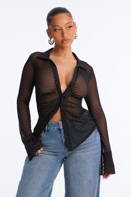 Camille Polka Dot Sheer Mesh Long Sleeve Shirt