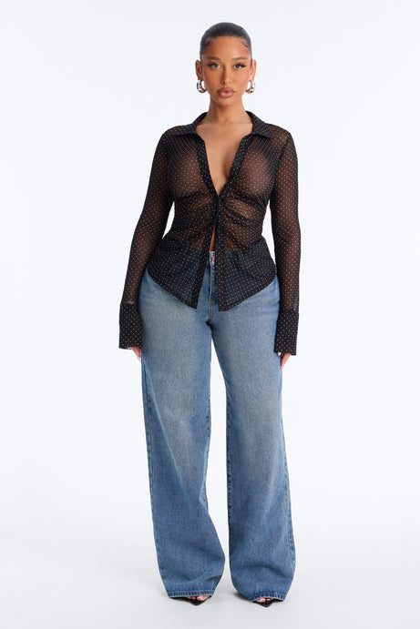 Camille Polka Dot Sheer Mesh Long Sleeve Shirt