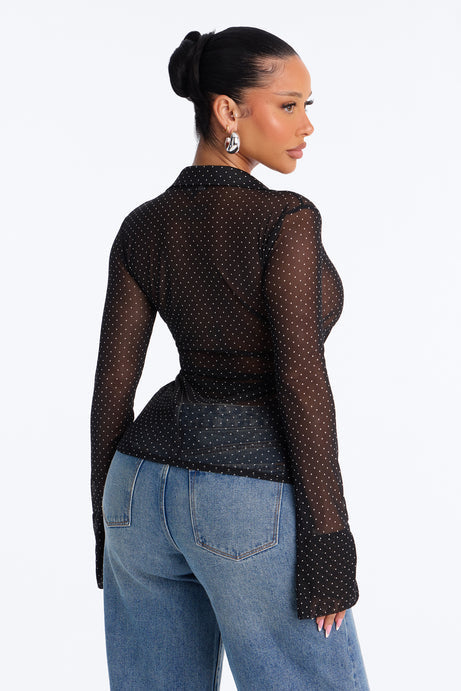 Camille Polka Dot Sheer Mesh Long Sleeve Shirt