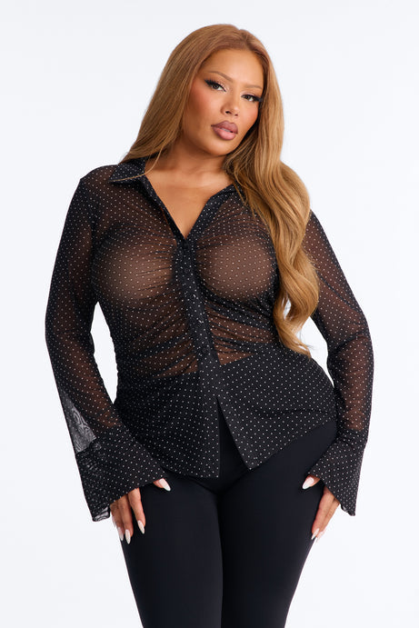 Camille Polka Dot Sheer Mesh Long Sleeve Shirt