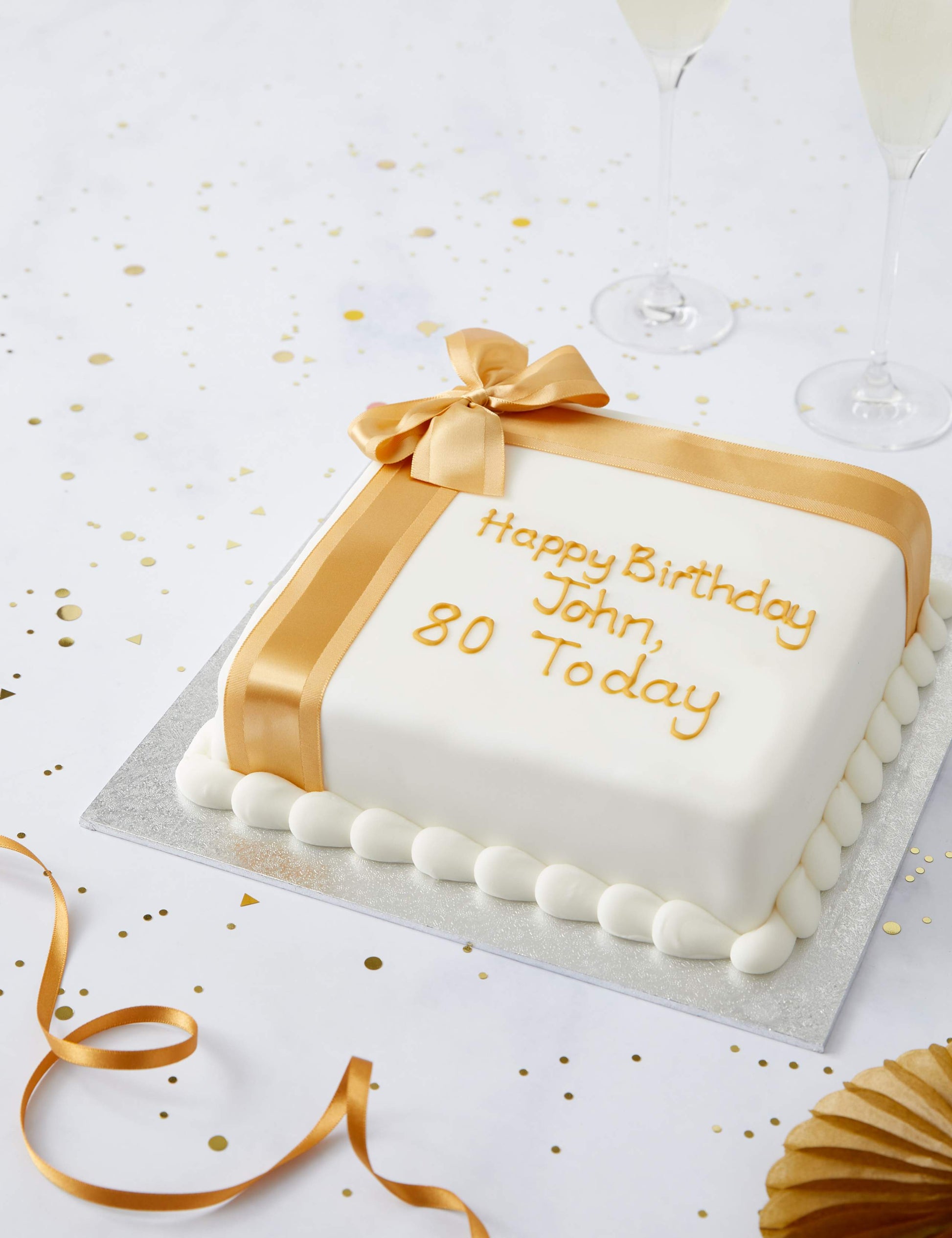 Personalised Celebration Sponge Cake with Gold Ribbon (Serves 16)