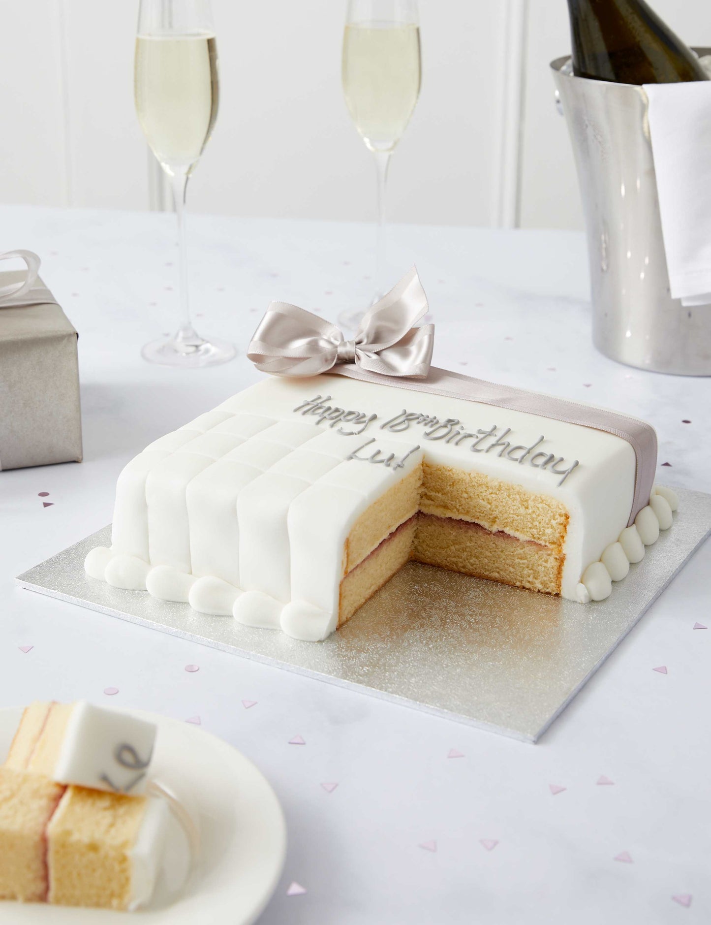 Personalised Celebration Sponge Cake with Silver Ribbon (Serves 16)
