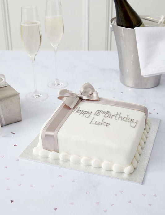 Personalised Celebration Sponge Cake with Silver Ribbon (Serves 16)