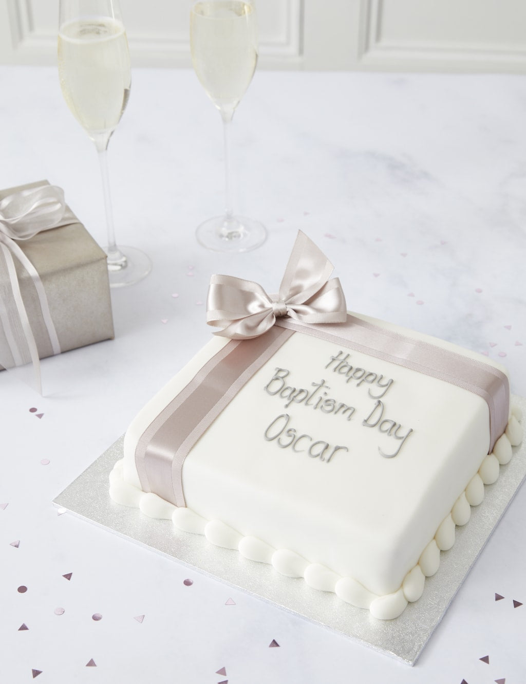 Personalised Celebration Sponge Cake with Silver Ribbon (Serves 16)
