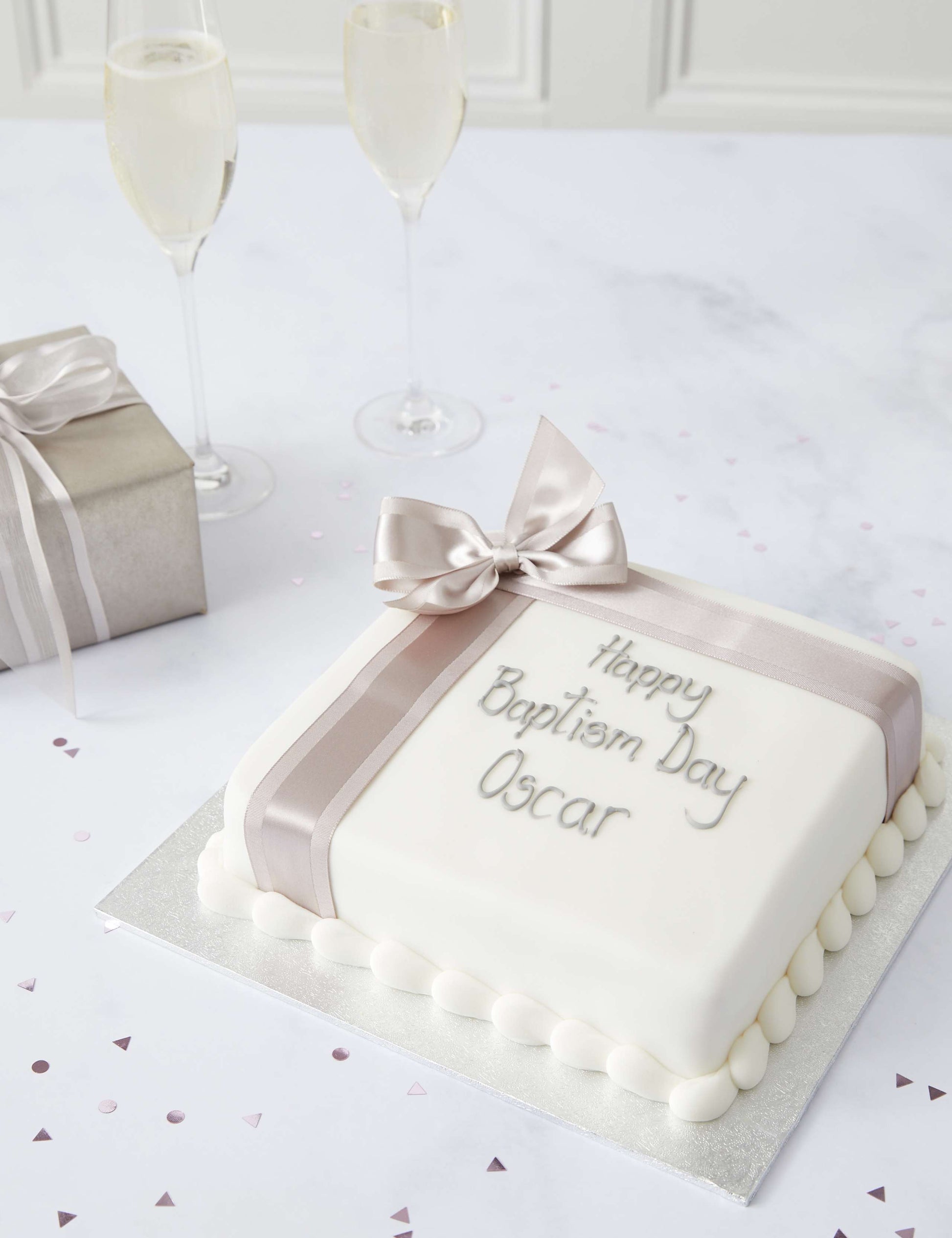Personalised Celebration Sponge Cake with Silver Ribbon (Serves 16)