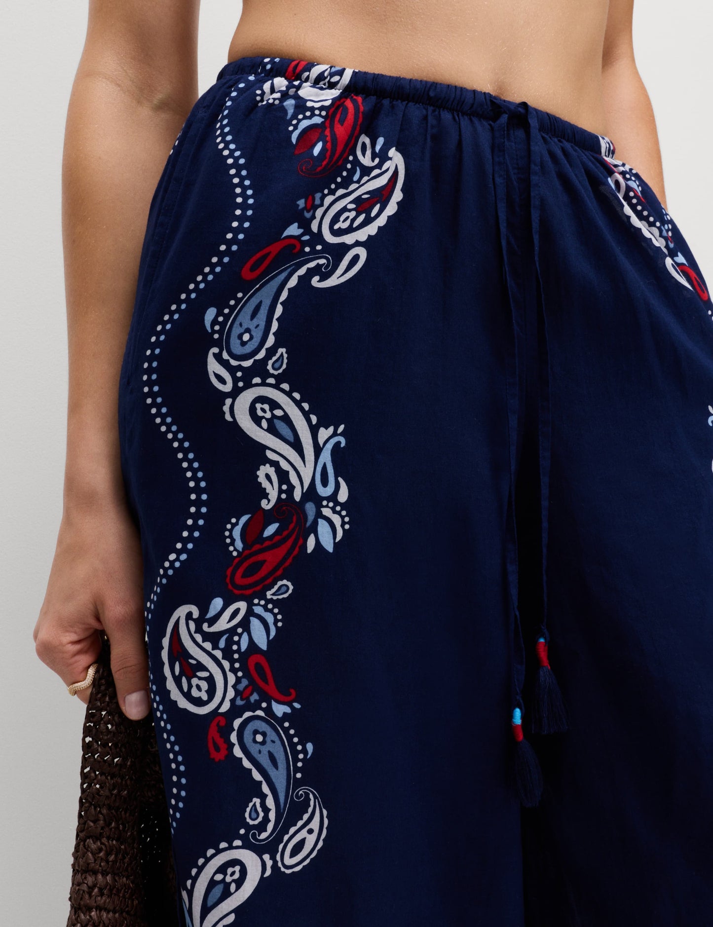 Pure Cotton Printed Drawstring Wide Leg Beach Trousers