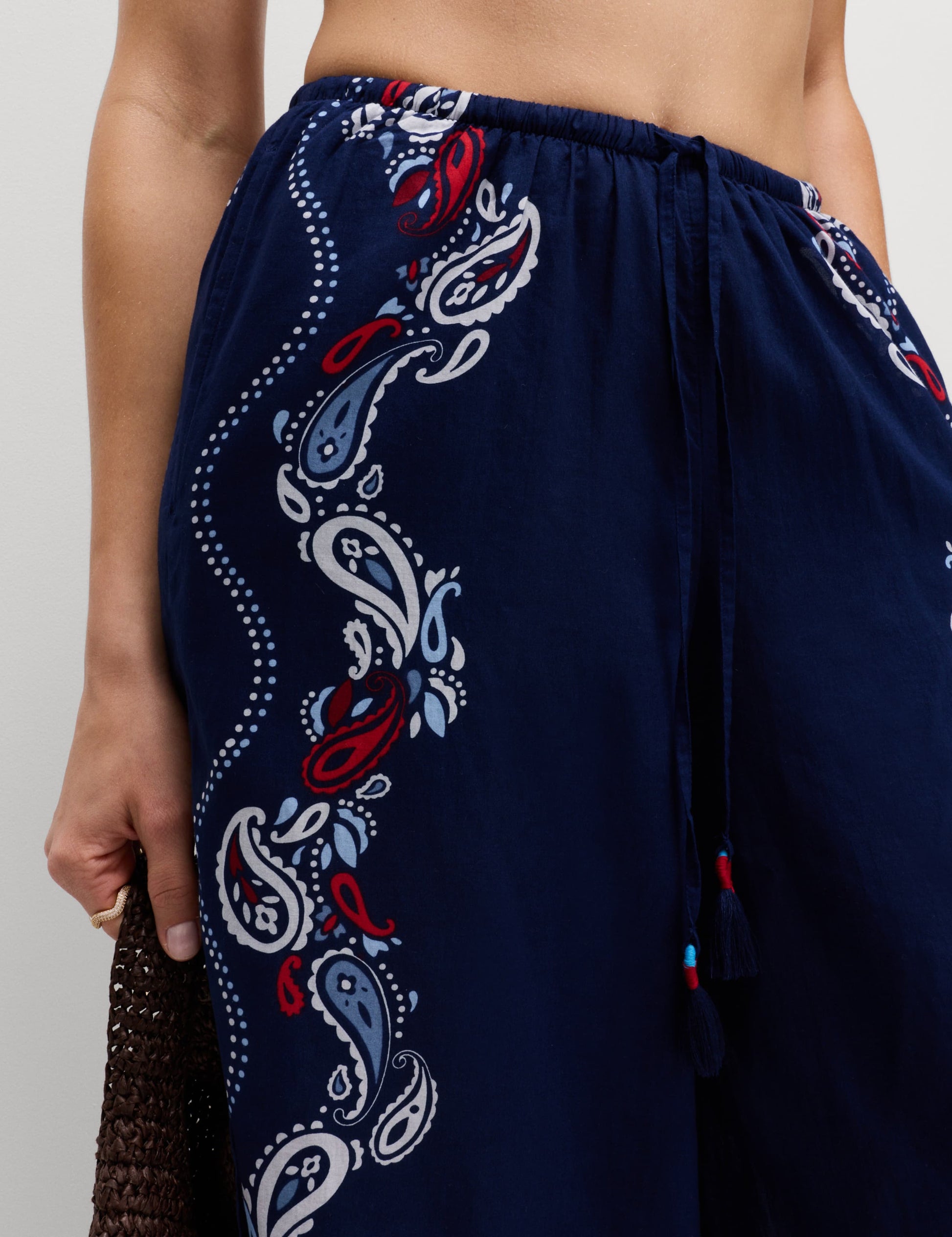 Pure Cotton Printed Drawstring Wide Leg Beach Trousers