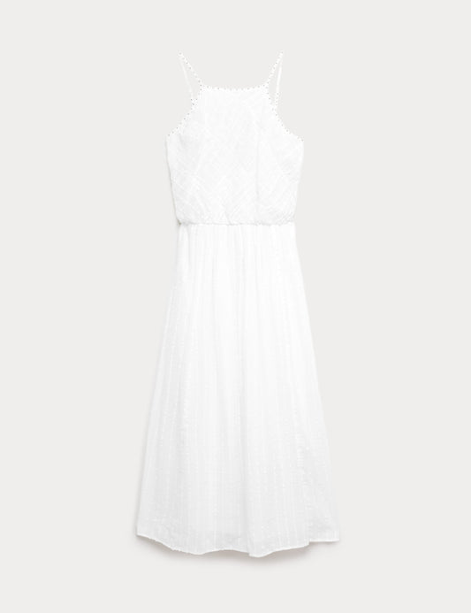 Pure Cotton Square Neck Strappy Midaxi Waisted Dress