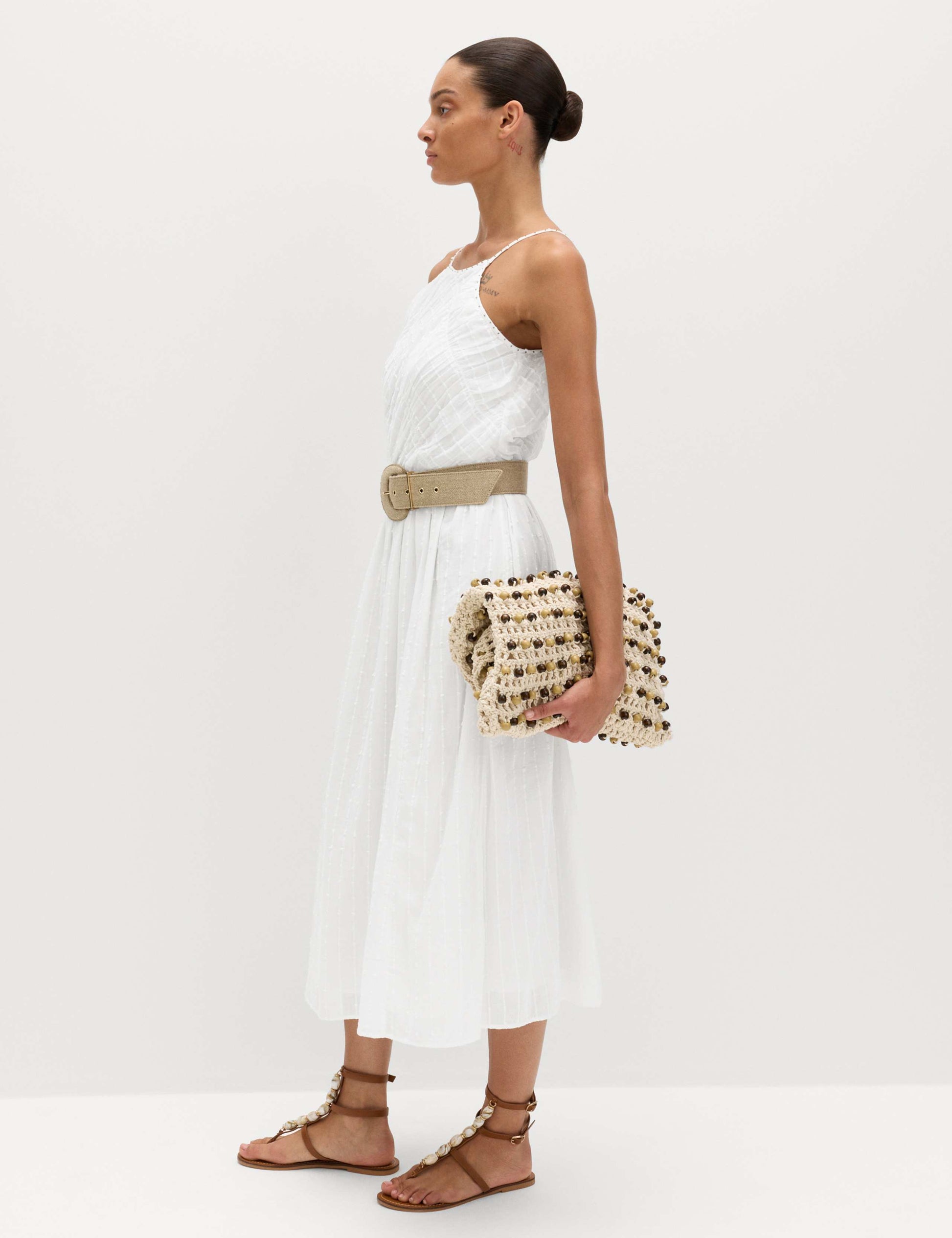 Pure Cotton Square Neck Strappy Midaxi Waisted Dress