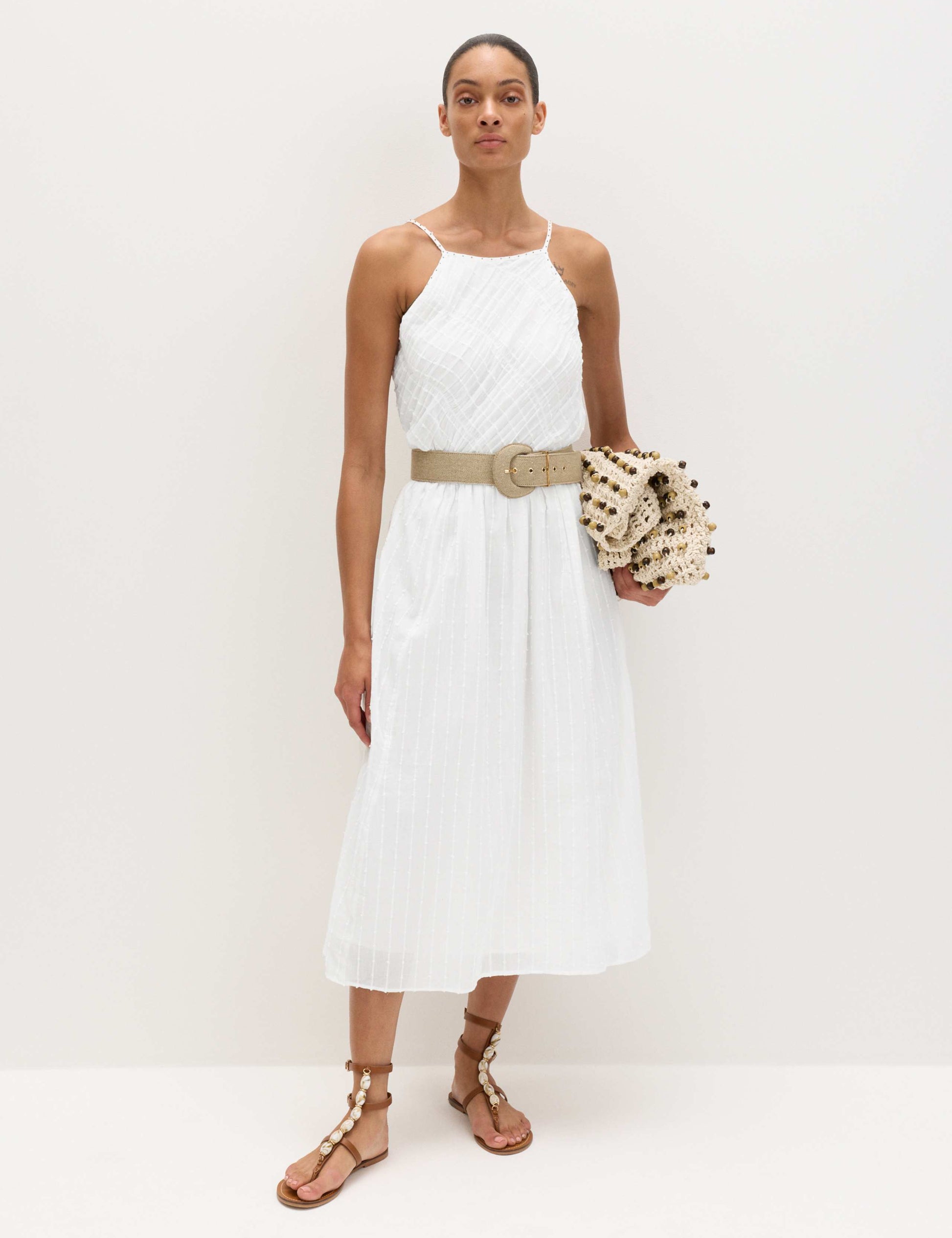 Pure Cotton Square Neck Strappy Midaxi Waisted Dress
