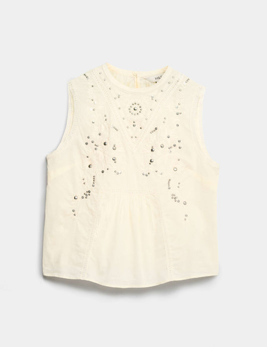Pure Cotton Studded Embroidered Lace Trim Top