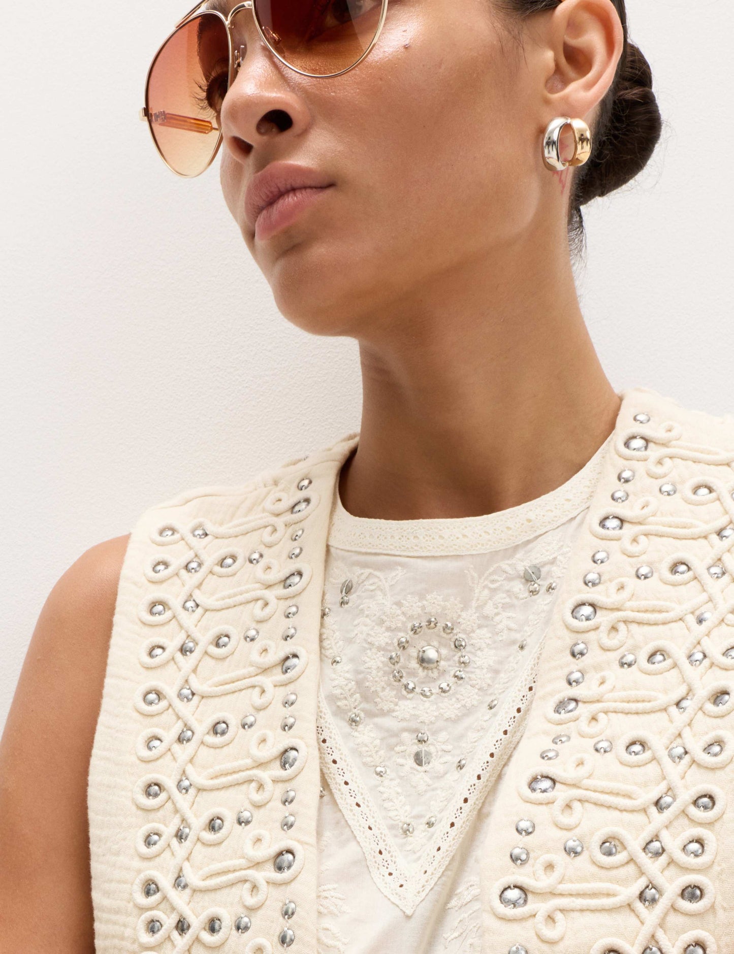 Pure Cotton Studded Embroidered Lace Trim Top