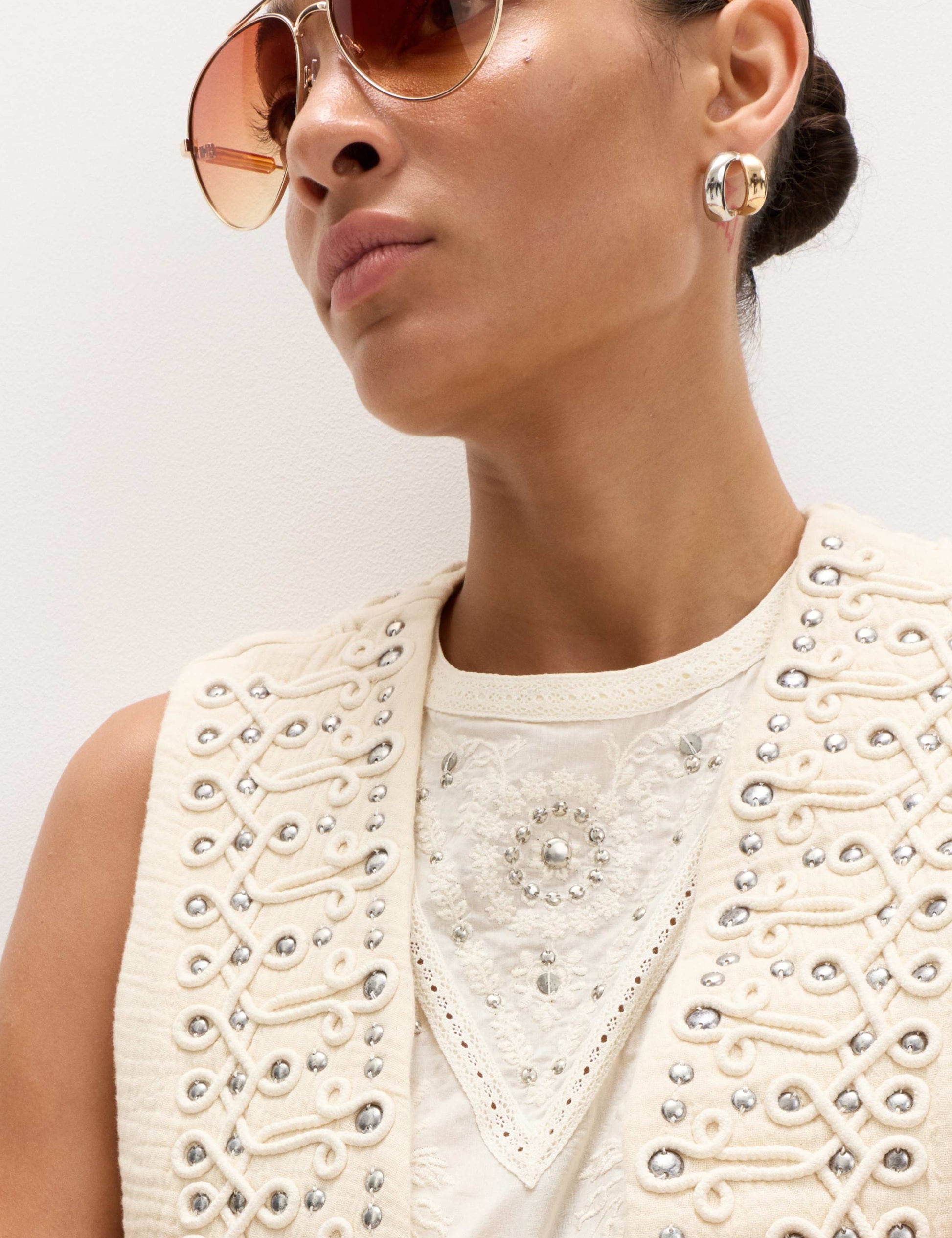 Pure Cotton Studded Embroidered Lace Trim Top
