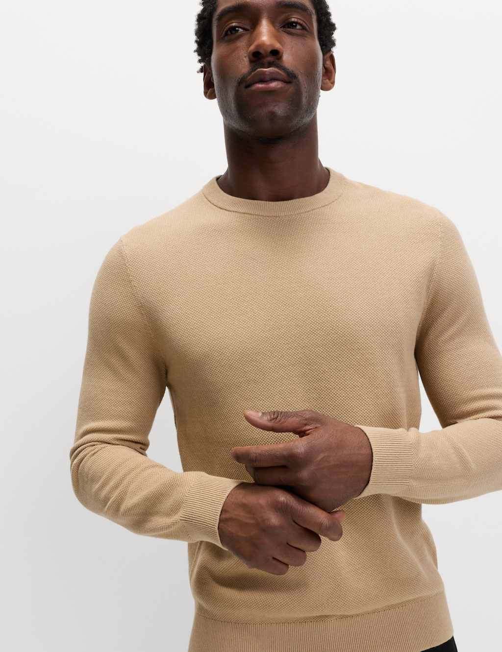 Pure Cotton Textured Crew Neck Jumper