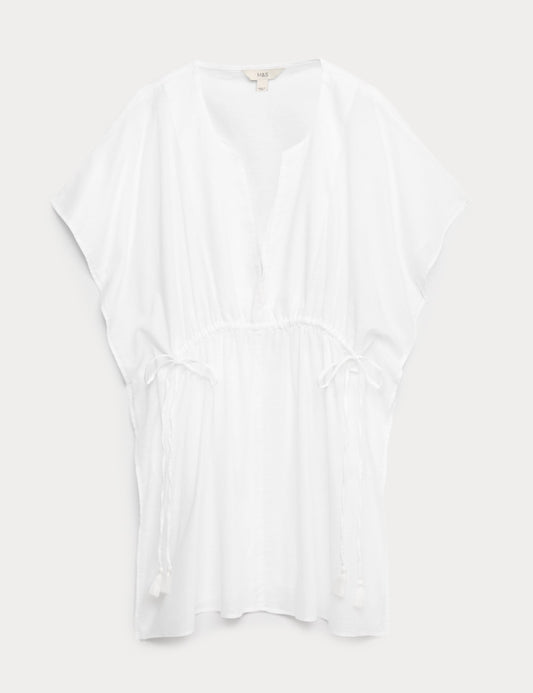 Pure Cotton Tie Detail Mini Kaftan Dress